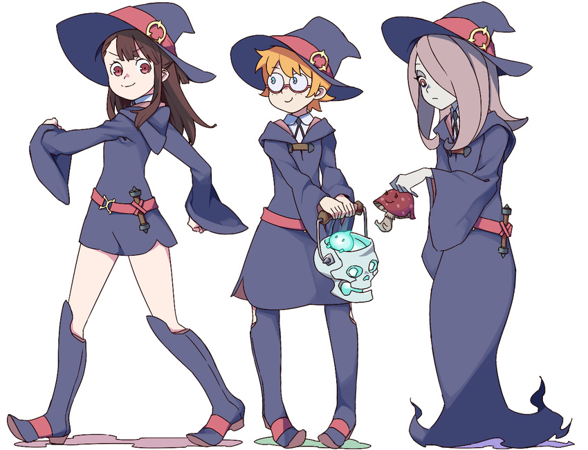 bad_id bad_pixiv_id belt blue_eyes boots brown_hair dress freckles full_body glasses hair_over_one_eye hat kagari_atsuko knee_boots little_witch_academia long_dress long_hair looking_at_another looking_back looking_down lotte_jansson luna_nova_school_uniform multiple_girls needle_(needlebomb) orange_hair pale_skin red_eyes school_uniform short_dress short_hair sucy_manbavaran walking wide_sleeves witch witch_hat