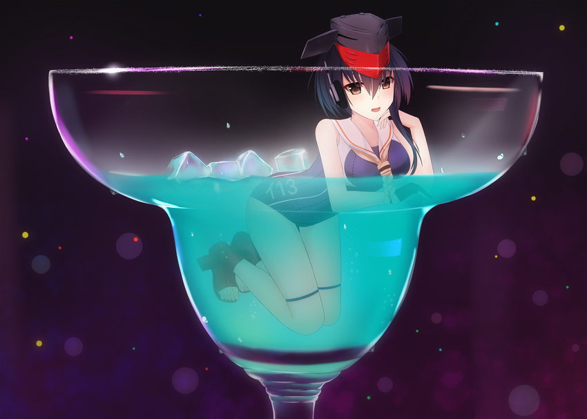 bad_id bad_pixiv_id black_hair brown_eyes cocktail cocktail_glass cup drink drinking_glass hair_between_eyes hat headphones highres i-13_(kantai_collection) ice ice_cube in_container in_cup kantai_collection margarita minigirl neckerchief oversized_object rko_(a470350510) sailor_collar sandals school_swimsuit short_hair solo swimsuit white_neckwear