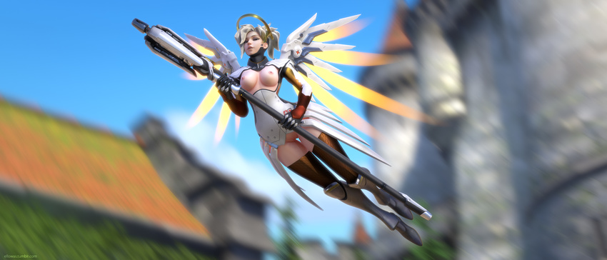 3d absurdres adapted_costume alternate_legwear armor armored_boots bad_source black_gloves blonde_hair blue_sky blurry blurry_background bodysuit boots breasts castle cloud commentary day ellowas flying from_below full_body gloves glowing glowing_wings high_heel_boots high_heels high_ponytail highres holding holding_staff looking_at_viewer looking_down mechanical_halo mechanical_wings medium_breasts mercy_(overwatch) motion_blur no_panties outdoors overwatch pussy sky solo spread_wings staff thighhighs watermark weapon web_address wing_print wings yellow_wings