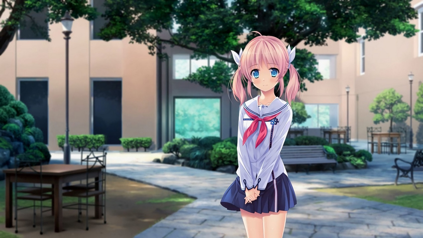ahoge bangs bench blue_eyes blue_skirt blush building bush chair collarbone cowboy_shot day eyebrows_visible_through_hair fukigami_hatsune game_cg hedge_(plant) lamppost legs_together long_sleeves looking_at_viewer outdoors own_hands_together park_bench pavement pink_hair pleated_skirt sakura_no_mori_dreamers school_uniform serafuku short_hair skirt solo standing table tree twintails v_arms window