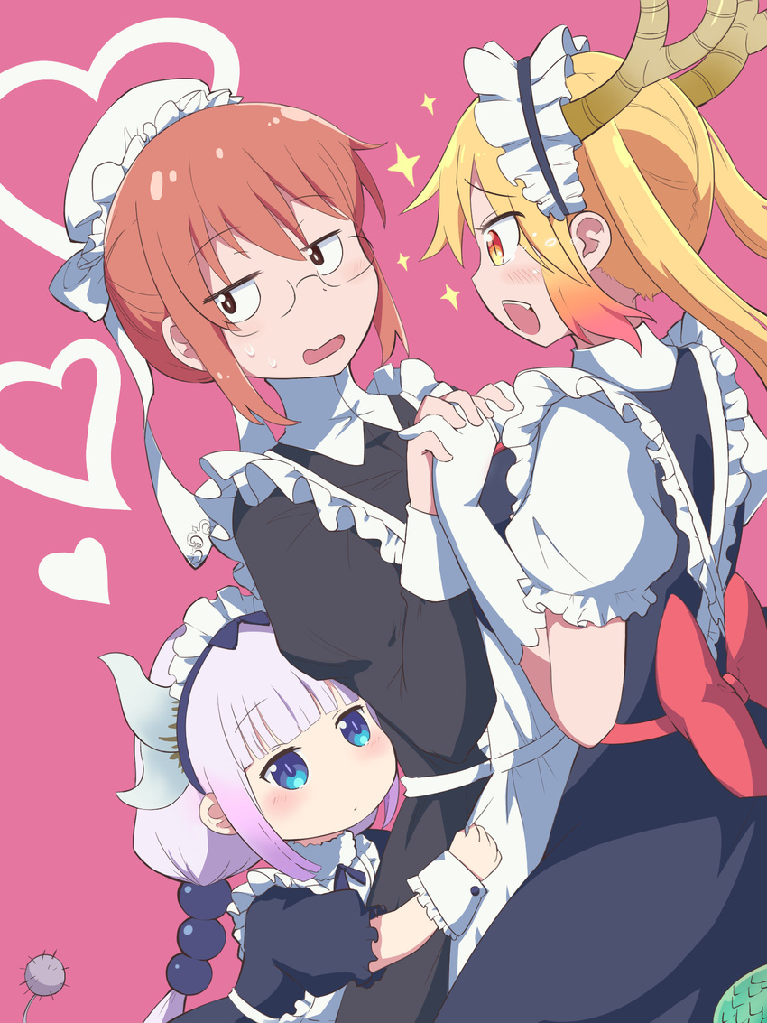 alternate_costume apron bangs beads black_eyes blonde_hair blue_eyes blunt_bangs blush child commentary dragon_girl dragon_horns dragon_tail dress enmaided girl_sandwich glasses gloves hair_beads hair_ornament hairband heart highres holding_hands horns interlocked_fingers kanna_kamui kobayashi-san_chi_no_maidragon kobayashi_(maidragon) long_hair looking_at_another looking_at_viewer maid maid_apron maid_cap maid_headdress multiple_girls open_mouth pink_background red_eyes red_hair sandwiched short_hair short_sleeves silver_hair simple_background tail tentou_mushi tied_hair tooru_(maidragon) trio twintails white_apron white_gloves