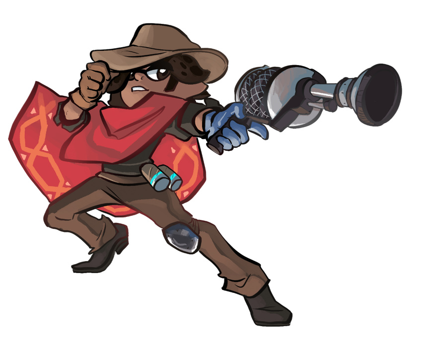 blue_gloves brown_eyes brown_gloves brown_hair cape commentary cosplay costume cowboy_hat domino_mask funkgamut gloves gun h-3_nozzlenose_(splatoon) handgun hat holding holding_weapon inkling knee_pads male_focus mask mccree_(overwatch) mccree_(overwatch)_(cosplay) overwatch parody pointy_ears red_cape simple_background solo splatoon_(series) splatoon_1 tentacle_hair weapon white_background