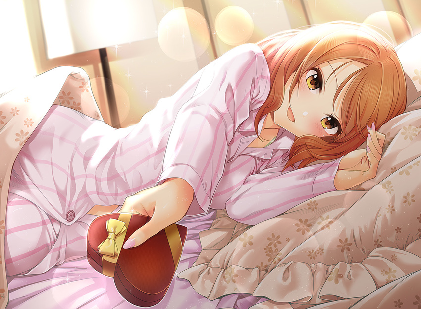 blush box brown_eyes brown_hair commentary_request frilled_pillow frills gift gift_box heart-shaped_box houjou_karen idolmaster idolmaster_cinderella_girls incoming_gift kazu lens_flare long_hair long_sleeves looking_at_viewer lying nail_polish on_side open_mouth pajamas pants pillow pink_nails shirt smile solo striped striped_shirt under_covers vertical-striped_pants vertical-striped_shirt vertical_stripes