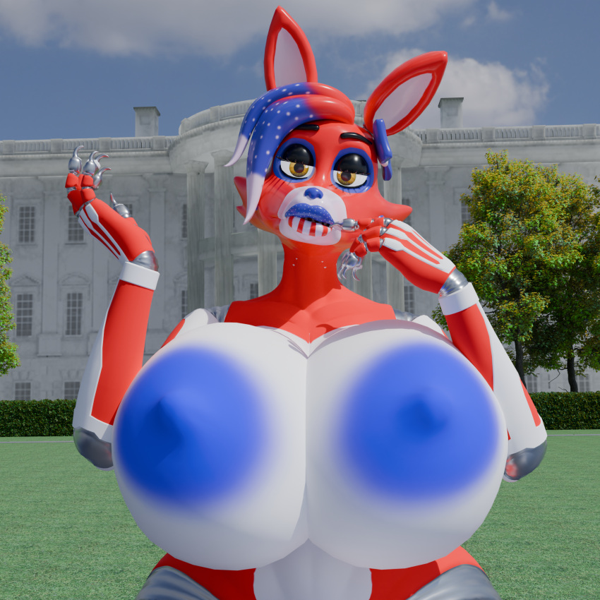 3d_(artwork) accessory animatronic anonymousfm anthro areola big_breasts blue_areola blue_nipples bow_(feature) bow_accessory breasts canid canine digital_media_(artwork) eyelashes fan_character female fox hair hi_res huge_breasts lipstick looking_at_viewer machine makeup mammal nails nipples nude open_mouth orange_eyes red_body robot solo white_body