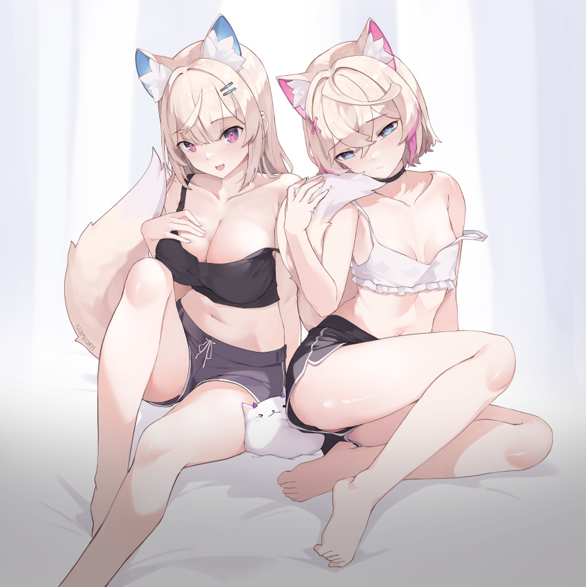 2girls :d absurdres alternate_costume animal_ear_fluff animal_ears arm_support armpit_crease artist_name bare_arms bare_legs bare_shoulders barefoot black_choker black_shorts black_tank_top blonde_hair blue_eyes blue_hair breasts bright_pupils center-flap_bangs choker cleavage closed_mouth collarbone colored_inner_animal_ears crop_top crossed_bangs dog_ears dog_girl dog_tail dolphin_shorts double-parted_bangs extra_ears fang frilled_shirt frills fuwawa_abyssgard grey_shorts hair_between_eyes hair_ornament hairclip highres hololive hololive_english hugging_tail knee_up large_breasts light_brown_hair long_hair looking_at_viewer midriff mococo_abyssgard multicolored_hair multiple_girls namiorii navel pink_eyes pink_hair shirt short_hair short_shorts shorts simple_background single_off_shoulder sitting skin_fang sleeveless sleeveless_shirt small_breasts smile strap_slip streaked_hair tail tail_raised tank_top thighs toes two-tone_hair virtual_youtuber white_pupils white_shirt x_hair_ornament