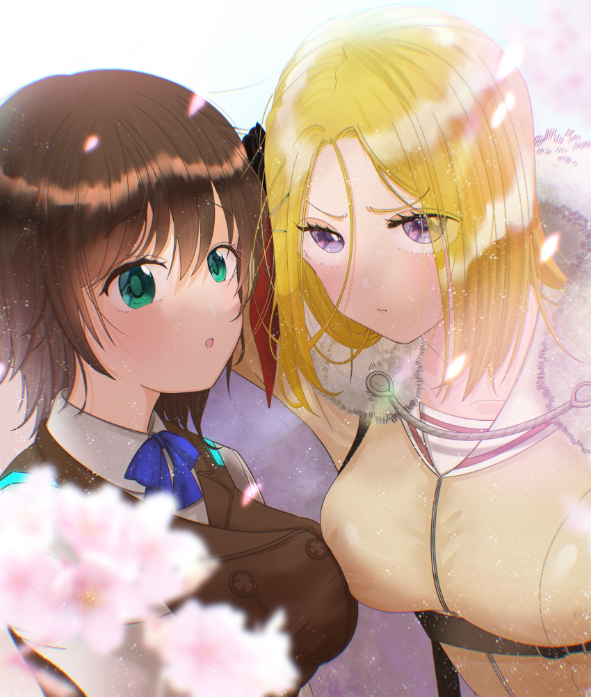 2girls absurdres aoi_erika black_hair blonde_hair blurry blurry_foreground bow bowtie breasts cape chest_harness fur_trim green_eyes grey_eyes hair_ornament harness heaven_burns_red highres large_breasts looking_at_another looking_at_viewer medium_hair minase_ichigo multiple_girls shirt usisigo-kuronomi vest white_shirt yuri
