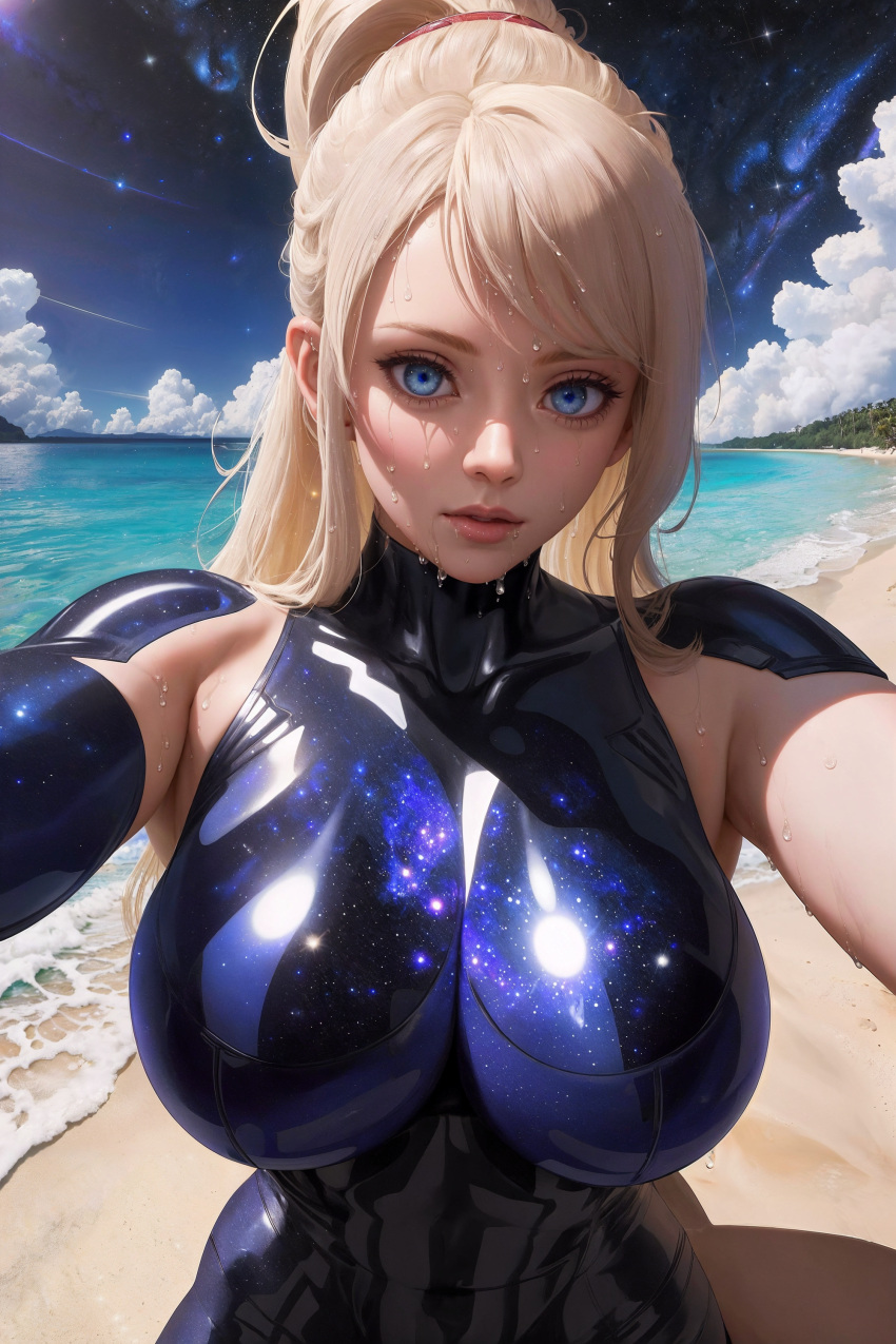 absurdres beach blonde_hair blue_eyes breasts galaxy highres non-web_source ocean realistic samus_aran selfie sex
