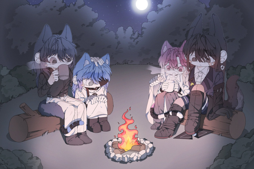 4girls animal_ears black_footwear black_gloves black_hair black_shirt blue_hair boots bush campfire cat_ears cat_girl cat_tail chief_(path_to_nowhere) collared_shirt commentary_request cup dog_ears dog_girl dog_tail dress drinking earrings elbow_gloves eyepatch female_chief_(path_to_nowhere) fire full_body gloves gradient_hair grey_pants hand_on_another's_shoulder hecate_(path_to_nowhere) highres holding holding_cup illusion_moon jewelry kemonomimi_mode korean_commentary log long_hair moon mug multicolored_hair multiple_girls night night_sky open_mouth outdoors pants parted_lips path_to_nowhere purple_eyes purple_hair rahu_(path_to_nowhere) scar scar_across_eye shalom_(path_to_nowhere) shirt sitting_on_log sky star_(sky) steam tail tail_around_another's_leg tail_wrap white_dress white_hair white_pants white_shirt yuri