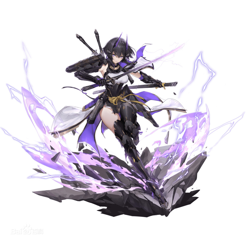 1girl :&lt; aether_gazer armor black_bodysuit black_hair bodysuit breasts cape chinese_commentary coattails cowboy_shot dot_nose dual_wielding full_body gold_trim gradient_background hair_between_eyes hair_ornament highres holding holding_sword holding_weapon horns katana knees_up long_bangs long_hair mechanical_arms medium_breasts multiple_weapons official_art purple_eyes sash shirt shoulder_armor simple_background solo sword taut_clothes taut_shirt thighs tsukuyomi_(aether_gazer) v-shaped_eyebrows weapon weapon_on_back white_background