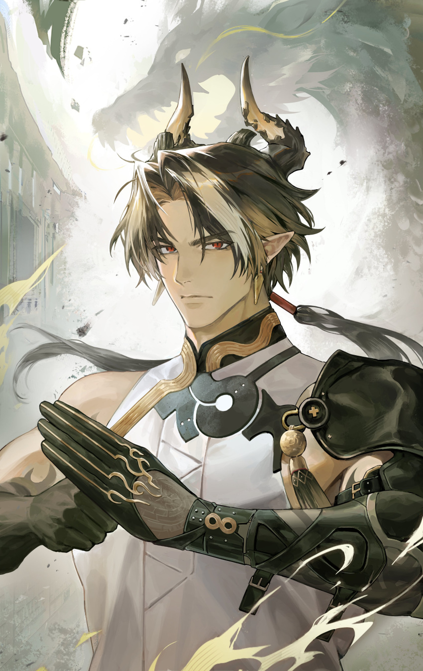 1boy absurdres arknights armor brown_hair chong_yue_(arknights) closed_mouth dragon dragon_boy dragon_horns earrings eastern_dragon floating_hair grey_background hands_up highres horns jewelry john_doodle long_hair looking_at_viewer low_ponytail male_focus multicolored_hair palm-fist_greeting pauldrons pointy_ears red_eyes rerebrace shoulder_armor single_pauldron sleeveless slit_pupils solo streaked_hair upper_body white_background