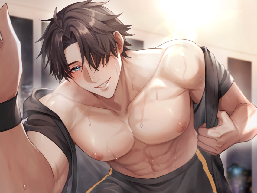 abs album_cover azmada_itto black_shorts blue_eyes blush brown_eyes collarbone cover hair_over_one_eye indoors leaning_forward muscular nipples official_art open_clothes open_shirt original pectorals shorts smile sweat upper_body wristband