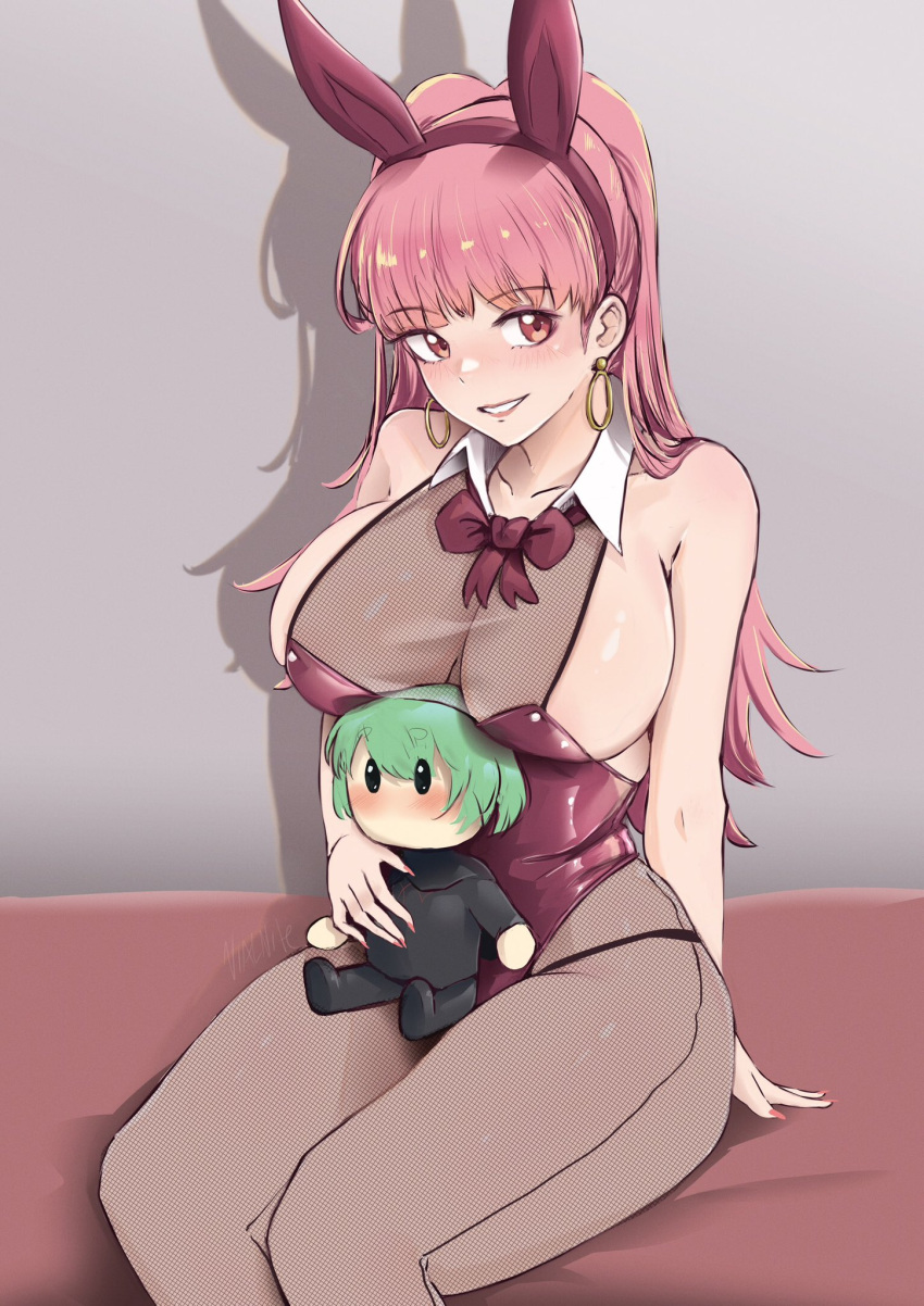 1girl animal_ears bare_shoulders bow bowtie breasts byleth_(fire_emblem) byleth_(male)_(fire_emblem) earrings english_commentary enlightened_byleth_(male) fake_animal_ears fire_emblem fire_emblem:_three_houses grin hairband highres hilda_valentine_goneril holding holding_stuffed_toy hoop_earrings jewelry large_breasts leotard long_hair pantyhose pink_eyes pink_hair playboy_bunny rabbit_ears red_bow red_bowtie red_hairband red_leotard sitting smile stuffed_toy vialnite