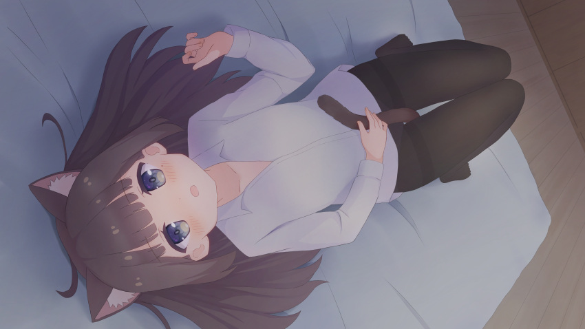 1girl absurdres animal_ear_fluff animal_ears bed between_legs blue_eyes blush brown_hair cat_ears cat_girl cat_tail collared_shirt highres indie_virtual_youtuber itigori_ena long_sleeves lying on_back open_mouth pantyhose shirt solo tail tail_between_legs thighband_pantyhose tyakomis virtual_youtuber