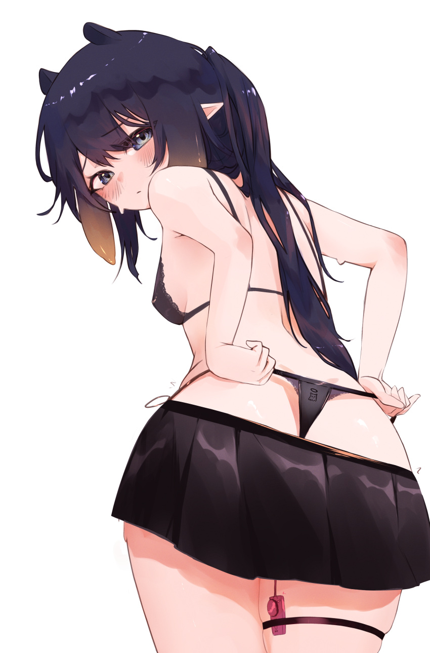 1girl absurdres adjusting_clothes adjusting_panties alternate_costume alternate_hairstyle anus anus_peek ass bare_arms black_bra black_hair black_panties black_skirt blue_eyes blush bra breasts closed_mouth english_commentary from_behind from_below gradient_hair highres hololive hololive_english long_hair looking_at_viewer looking_back multicolored_hair ninomae_ina'nis orange_hair panties pointy_ears purple_hair sex_toy simple_background skirt small_breasts solo tentacle_hair thigh_gap thigh_strap thong underwear uve vibrator vibrator_in_thigh_strap virtual_youtuber white_background
