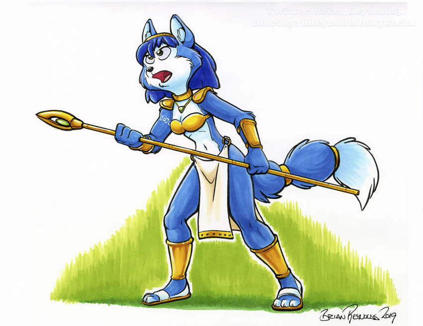 2019 anthro black_nose blue_body blue_fur blue_hair bottomwear bound breasts brian_reynolds canid canine cleavage clothed clothing dipstick_tail female footwear fox fur hair krystal's_staff krystal_(star_fox) loincloth mammal markings midriff navel nintendo open_mouth sandals solo star_fox tail tail_markings tail_tied