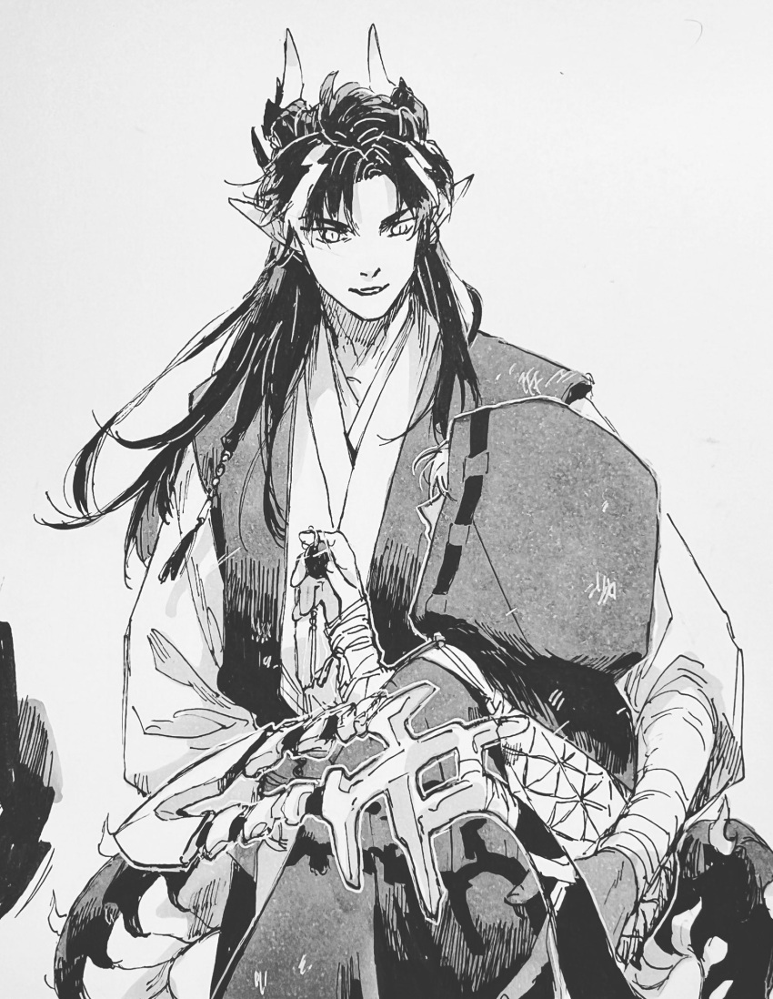 1boy 1other ambiguous_gender arknights chinese_clothes chinese_commentary chong_yue_(arknights) commentary_request doctor_(arknights) dragon_boy dragon_horns dragon_tail earrings facing_another grey_background greyscale grin hand_on_another's_back hand_up highres holding hood hood_up hooded_coat horns jewelry long_hair long_sleeves looking_at_another monochrome multicolored_hair pointy_ears puffy_long_sleeves puffy_sleeves rivershirt simple_background slit_pupils smile streaked_hair tail traditional_media upper_body