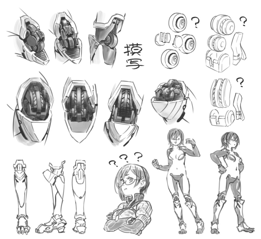 1girl :t ? ?? art_study breasts camouflage camouflage_jacket check_commentary cleavage clenched_hands commentary_request crossed_arms disembodied_foot exploded_diagram furrowed_brow gears glasses greyscale hand_up hands_on_own_hips heel_up hololive jacket joints knees magari_(c0rn3r) mechanical_arms mechanical_legs mechanical_parts medium_breasts monochrome multiple_views nude pout roboco-san roboco-san_(1st_costume) robot_joints short_hair short_sleeves simple_background sketch solid_oval_eyes standing translation_request turnaround virtual_youtuber