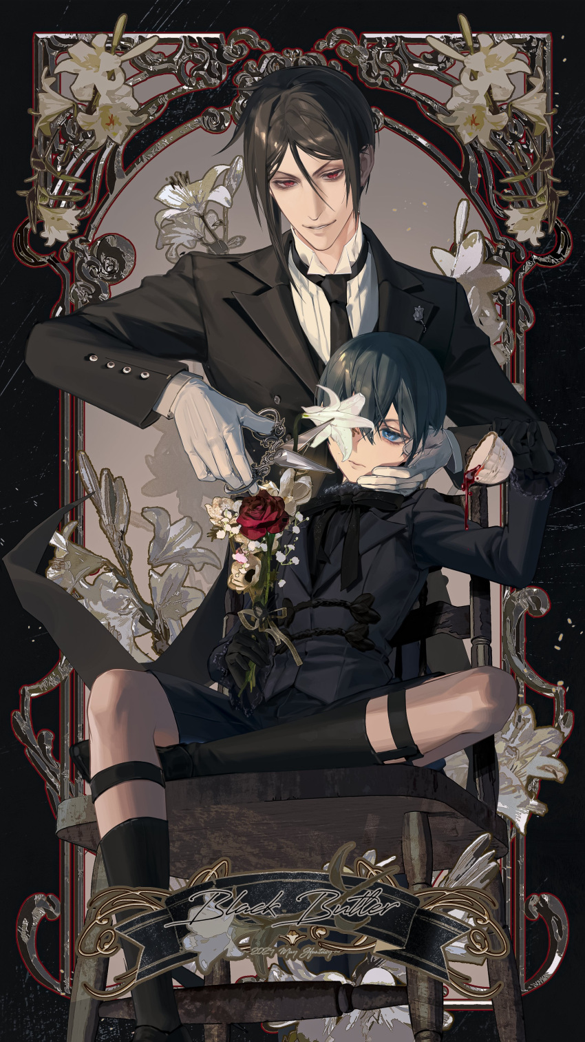 2024 2boys absurdres age_difference ambiguous_red_liquid black_background black_gloves black_hair black_necktie black_ribbon black_suit black_thighhighs blue_eyes blue_hair blue_jacket blue_shorts buttons ciel_phantomhive closed_mouth collared_shirt copyright_name crossed_legs cup flower flower_over_eye gloves highres holding holding_cup holding_flower holding_scissors jacket jitome kuroshitsuji male_focus multiple_boys necktie pouring pouring_onto_self red_flower ribbon scissors sebastian_michaelis shirt short_hair shorts sitting smirk suit thigh_strap thighhighs white_flower white_gloves white_shirt wooden_chair yisuan23