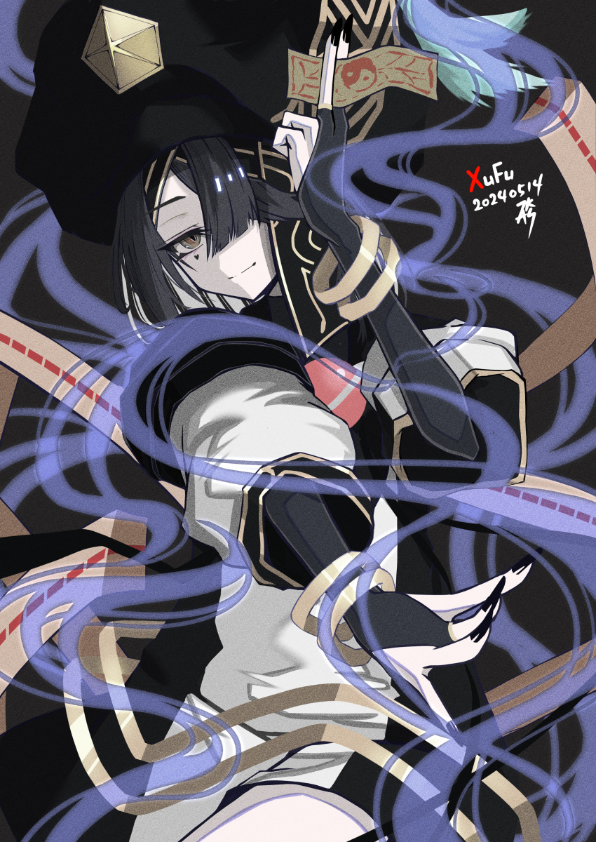 1girl absurdres black_hair black_hat bridal_gauntlets brown_eyes character_name chinese_clothes dated elbow_gloves fate/grand_order fate_(series) fingerless_gloves gloves hair_ornament hair_over_one_eye hat heart heart_tattoo highres holding long_sleeves looking_at_viewer mole robe short_hair smile smoke solo talisman tassel tattoo tsukaasa white_robe wide_sleeves xu_fu_(fate)