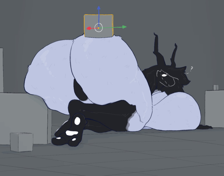 2024 2_toes 2d_on_3d ambiguous_species anthro big_breasts big_butt black_body black_feet black_fur black_horn breasts butt crossed_legs cube_(object) default_cube_(blender) feet female fur horn itisd9 looking_back lying multicolored_body multicolored_fur object_on_butt on_front on_ground pawpads question_mark rear_view shiona_(itisd) simple_background solo toes two_tone_body two_tone_fur white_body white_butt white_eyes white_fur white_pawpads