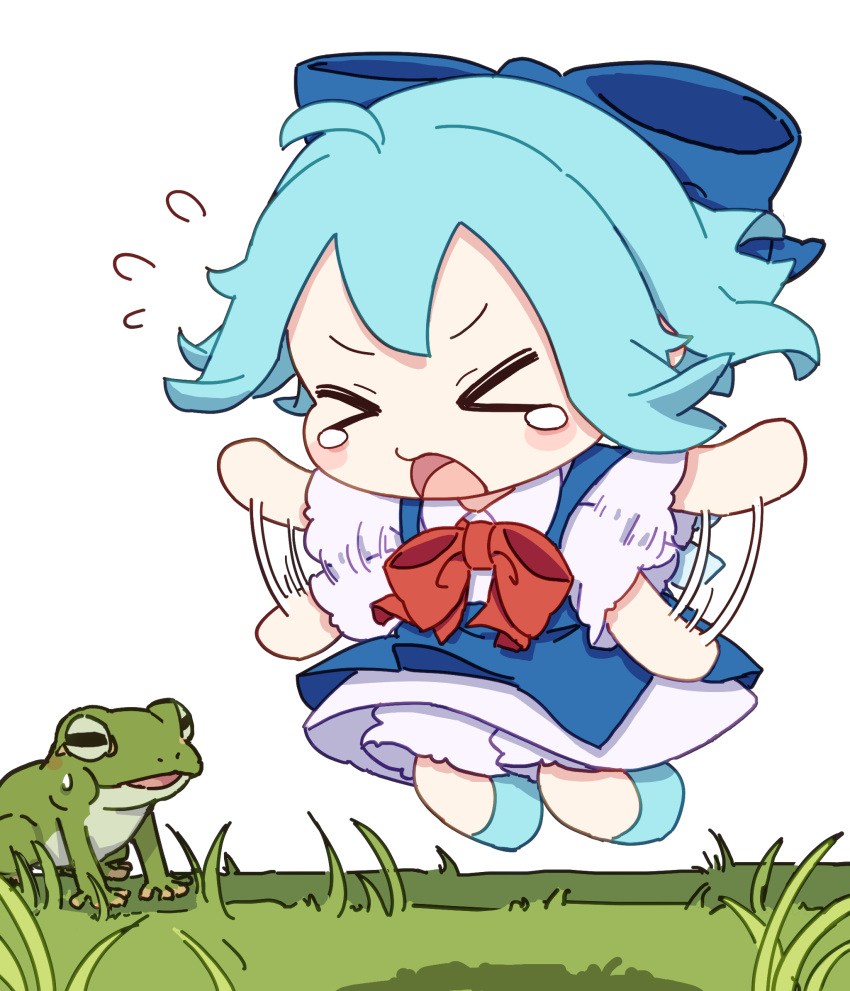 &gt;_&lt; 1girl animal bloomers blue_bow blue_dress blue_footwear blue_hair blush_stickers bow cirno collared_shirt dress fairy flying_sweatdrops frog fumo_(doll) hair_between_eyes hair_bow highres ice ice_wings kame_(kamepan44231) open_mouth shirt shoes short_hair short_sleeves simple_background solo touhou white_background white_bloomers white_shirt wings