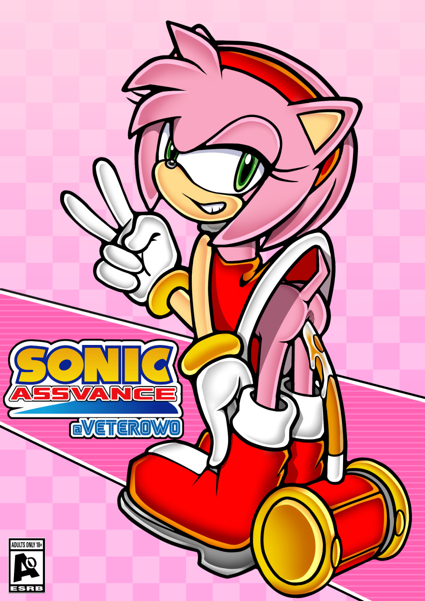 absurd_res amy_rose anal anal_masturbation anal_penetration anthro bodily_fluids boots bottomless bracelet butt clothed clothing digital_media_(artwork) eulipotyphlan female footwear fur genital_fluids genitals gesture gloves green_eyes hair hand_gesture handwear hedgehog hi_res improvised_sex_toy jewelry looking_at_viewer mammal masturbation object_in_ass penetration pink_body pink_fur pink_hair sega simple_background smile smirk solo sonic_the_hedgehog_(series) tail text v_sign vetero