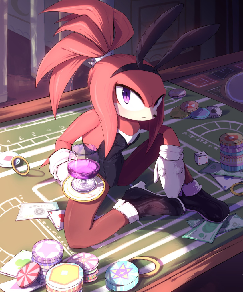 anthro bunny_costume casino casino_table clothed clothing container costume crossdressing cup detailed_background digital_media_(artwork) drinking_glass echidna fake_ears fake_rabbit_ears footwear glass glass_container glass_cup gloves hair handwear hi_res high_heels knuckles_the_echidna looking_at_viewer male mammal monotreme poker_chip ponytail ring s-pearl sega shoes solo sonic_the_hedgehog_(series) wine_glass