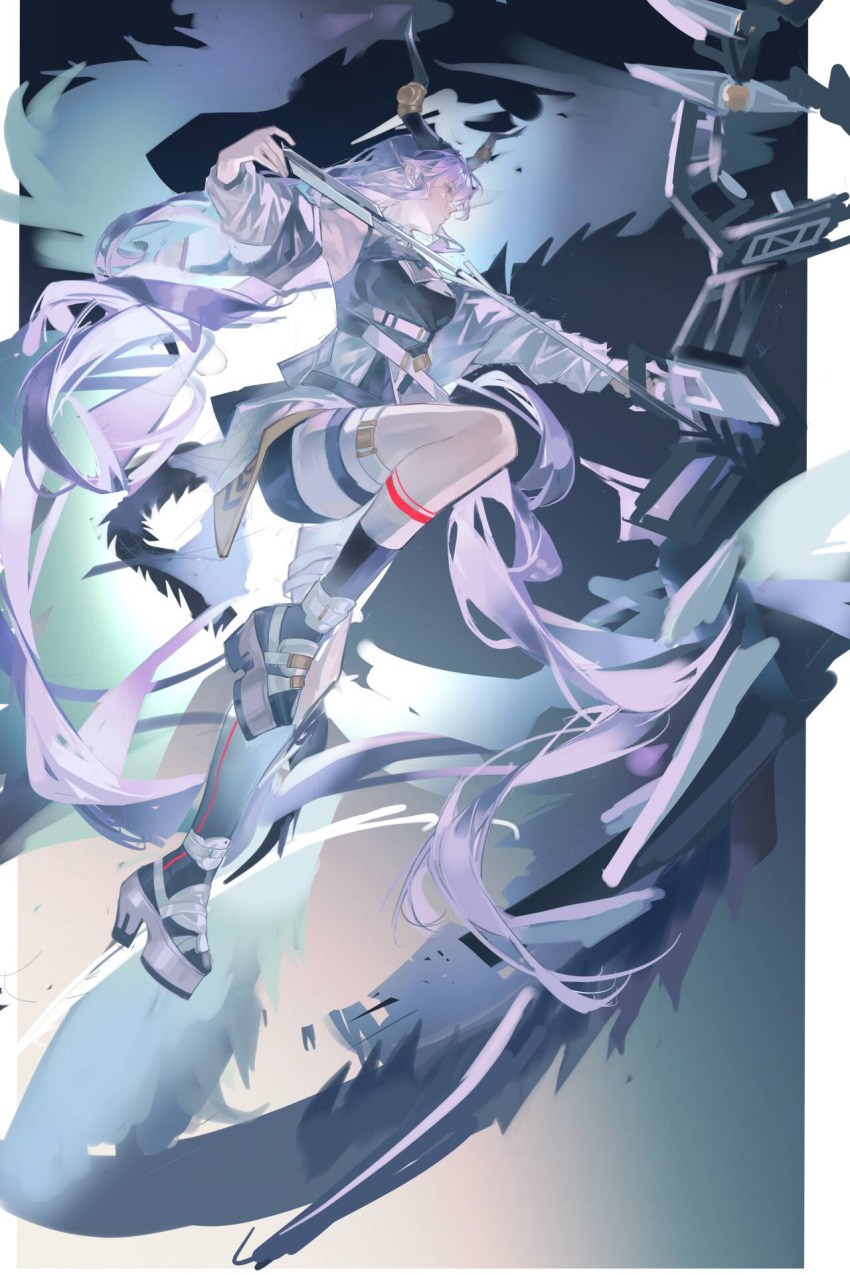 1girl absurdly_long_hair aiming arknights black_footwear black_shirt black_shorts boots border bow_(weapon) breasts chinese_commentary commentary_request drawing_bow highres holding holding_bow_(weapon) holding_weapon horns jacket jumping knee_up large_breasts lin_qing_(phosphorus_1104) long_hair pink_eyes platform_footwear purple_hair serious shirt shorts solo typhon_(arknights) very_long_hair weapon white_jacket