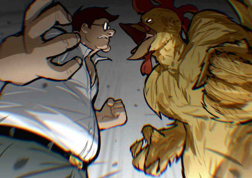 2boys belt black_belt brown_hair cleft_chin clenched_hand collared_shirt ernie_the_giant_chicken family_guy fat fat_man fighting glasses green_pants hado_(zzzhadozzz) highres male_focus multiple_boys pants peter_griffin round_eyewear shirt short_hair very_short_hair white_shirt