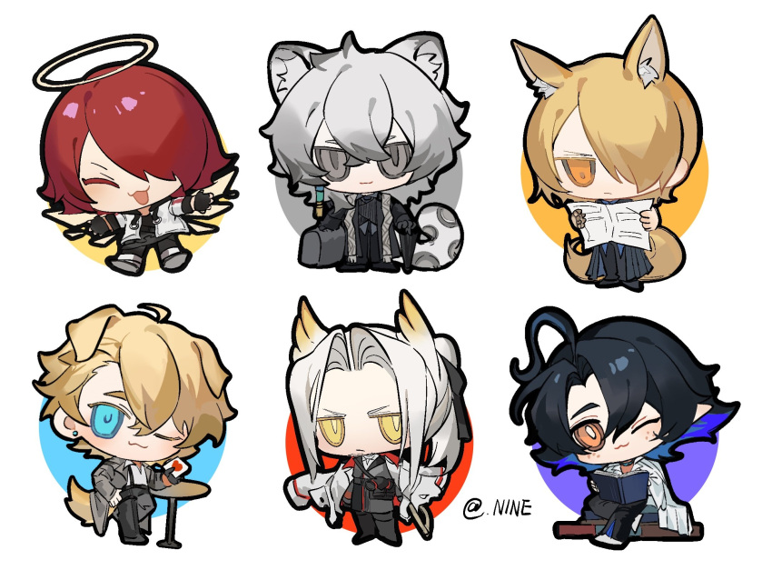 1girl 4boys :3 ahoge animal_ear_fluff animal_ears arknights artist_name black_coat black_hair black_pants blonde_hair blue_eyes blue_hair book brown_eyes card chibi chinese_commentary closed_eyes closed_mouth coat colored_eyelashes colored_inner_hair colored_tips commentary_request dog_boy dog_ears dog_tail exusiai_(arknights) freckles full_body grey_coat grey_eyes grey_hair hair_over_one_eye halo head_wings hellagur_(arknights) hellagur_(octopath_illusion)_(arknights) highres holding holding_book holding_newspaper holding_umbrella horse_boy horse_ears horse_tail jacket long_hair long_sleeves looking_at_viewer lumen_(arknights) lumen_(golden_dream)_(arknights) mlynar_(arknights) multicolored_hair multiple_boys newspaper nine5895254196 one_eye_closed open_mouth pants playing_card red_hair short_hair silverash_(arknights) silverash_(york's_bise)_(arknights) simple_background smile snow_leopard_boy snow_leopard_ears snow_leopard_tail table tail tequila_(arknights) tequila_(cardwinner)_(arknights) twitter_username umbrella white_background white_coat white_hair white_jacket wings yellow_eyes