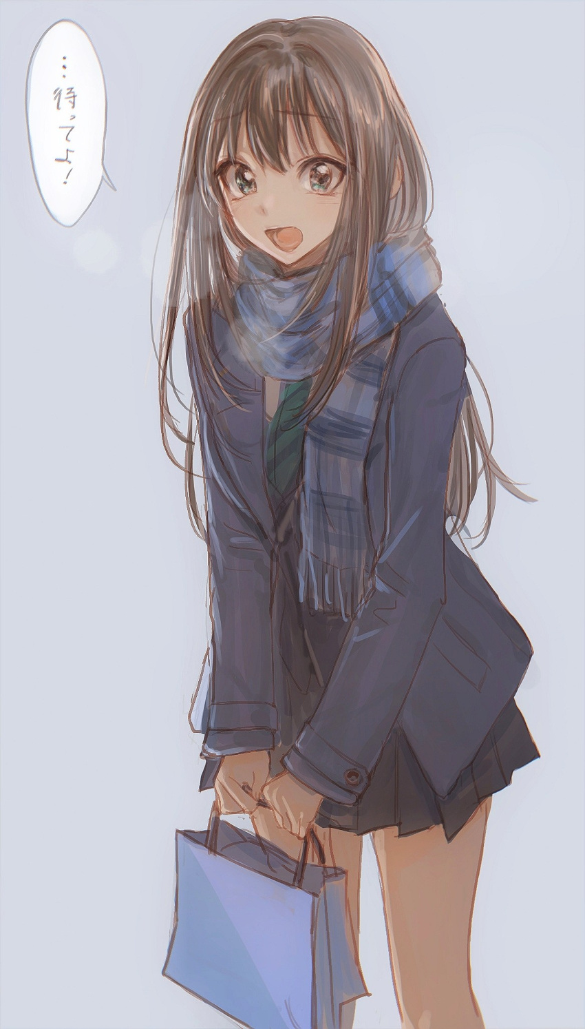1girl :o bag bare_legs black_hair blue_coat blue_scarf blush breath coat commentary_request feet_out_of_frame green_necktie highres idolmaster idolmaster_cinderella_girls long_hair long_sleeves looking_at_viewer necktie paper_bag pleated_skirt sasari_7 scarf school_uniform shibuya_rin simple_background skirt solo speech_bubble straight_hair translation_request very_long_hair