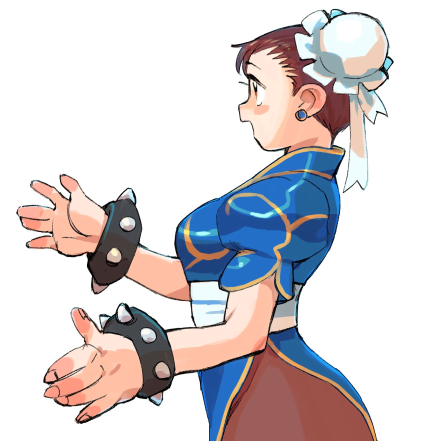 1girl blue_dress blush_stickers bracelet breasts brown_eyes brown_hair brown_pantyhose bun_cover china_dress chinese_clothes chun-li dress earrings from_side gan2 hair_bun hair_ribbon highres jewelry medium_breasts open_hands open_mouth pantyhose profile puffy_short_sleeves puffy_sleeves ribbon sash short_sleeves solo spiked_bracelet spikes street_fighter street_fighter_ii_(series) stud_earrings upper_body white_background white_ribbon white_sash wide_hips