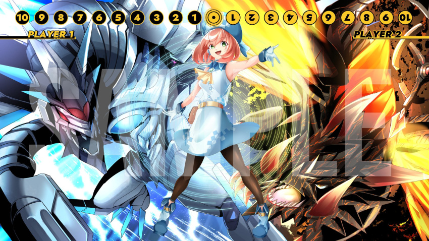 1girl ascot bare_arms bare_shoulders black_skin black_thighhighs blue_hair breasts breath_weapon breathing_fire colored_skin commentary_request digimon digimon_card_game digimon_linkz dragon dress fire full_body gloves green_eyes headset highres hisuikouha kurihara_hina looking_at_viewer medium_breasts medium_hair metallicdramon non-humanoid_robot open_mouth pink_hair red_eyes robot robot_dragon sample_watermark sharp_teeth sleeveless sleeveless_dress spikes teeth thighhighs volcanicdramon w watermark white_dress white_gloves yellow_ascot yellow_eyes
