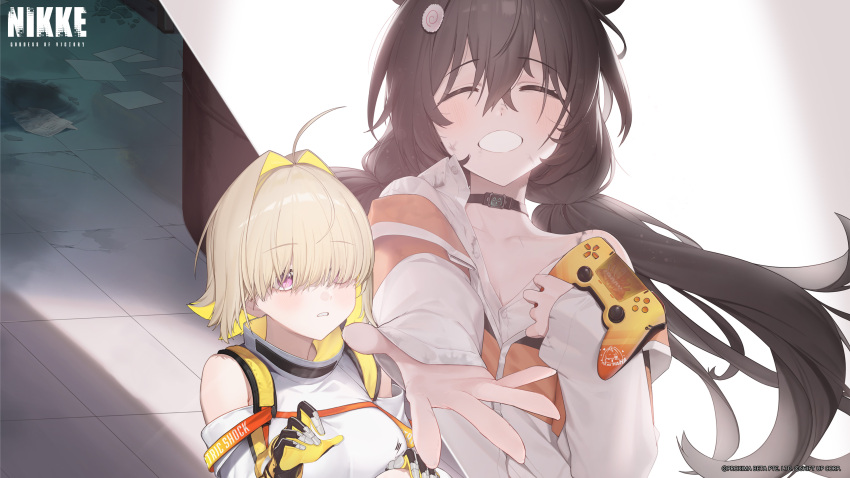 2girls absurdres ahoge artist_request blonde_hair brown_hair closed_eyes clothing_cutout commentary controller cropped cropped_jacket elegg_(nikke) english_commentary food game_controller goddess_of_victory:_nikke hair_between_eyes hair_intakes hair_over_one_eye highres holding holding_controller holding_game_controller jacket kamaboko long_hair long_sleeves looking_at_another medium_hair multiple_girls narutomaki official_art purple_eyes reaching reaching_towards_viewer second-party_source shorts shoulder_cutout sitting smile trony_(nikke) twintails white_shorts