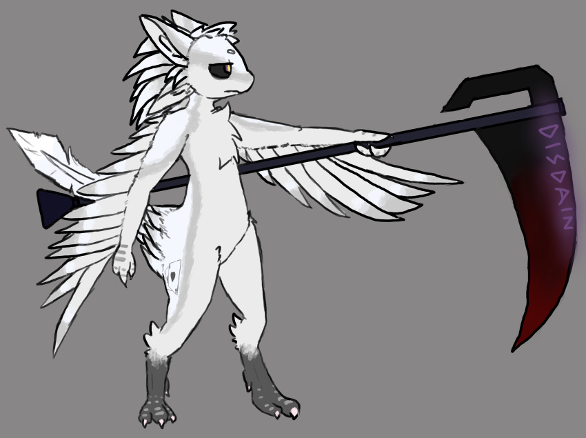 3_fingers absurd_res anthro avali avian bored chest_tuft digitigrade feathers featureless_crotch fingers fur hair hi_res leg_tattoo long_hair male melee_weapon multi_ear nude polearm rustbuuket scythe simple_background solo standing tail tattoo tuft weapon white_body white_feathers white_fur winged_arms wings winters_manakara yellow_eyes