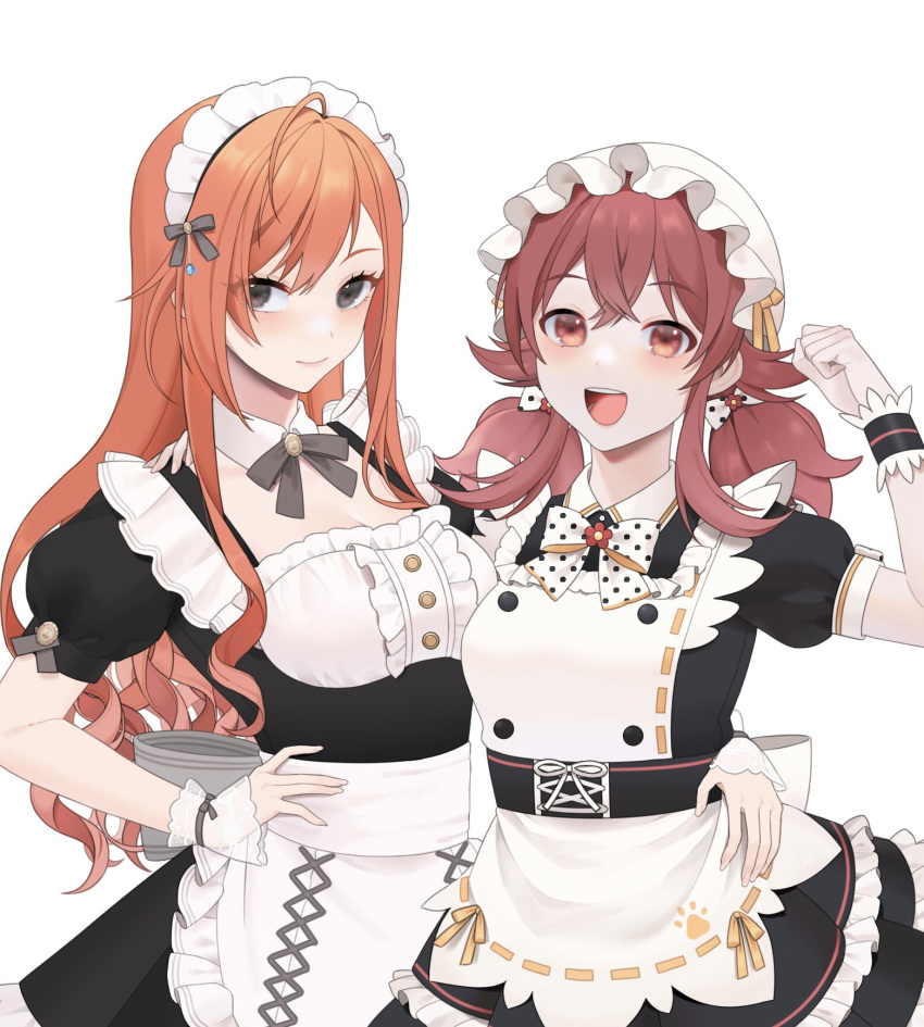 2girls :d ahoge alternate_costume apron arisugawa_natsuha bow bowtie breasts detached_collar enmaided grey_eyes hand_on_another's_shoulder hand_on_another's_waist hat highres idolmaster idolmaster_shiny_colors komiya_kaho long_hair looking_at_viewer low_twintails maid maid_apron maid_headdress mob_cap multiple_girls official_alternate_costume orange_hair red_eyes red_hair short_sleeves side-by-side simple_background smile twintails white_background wrist_cuffs yxxxllpo