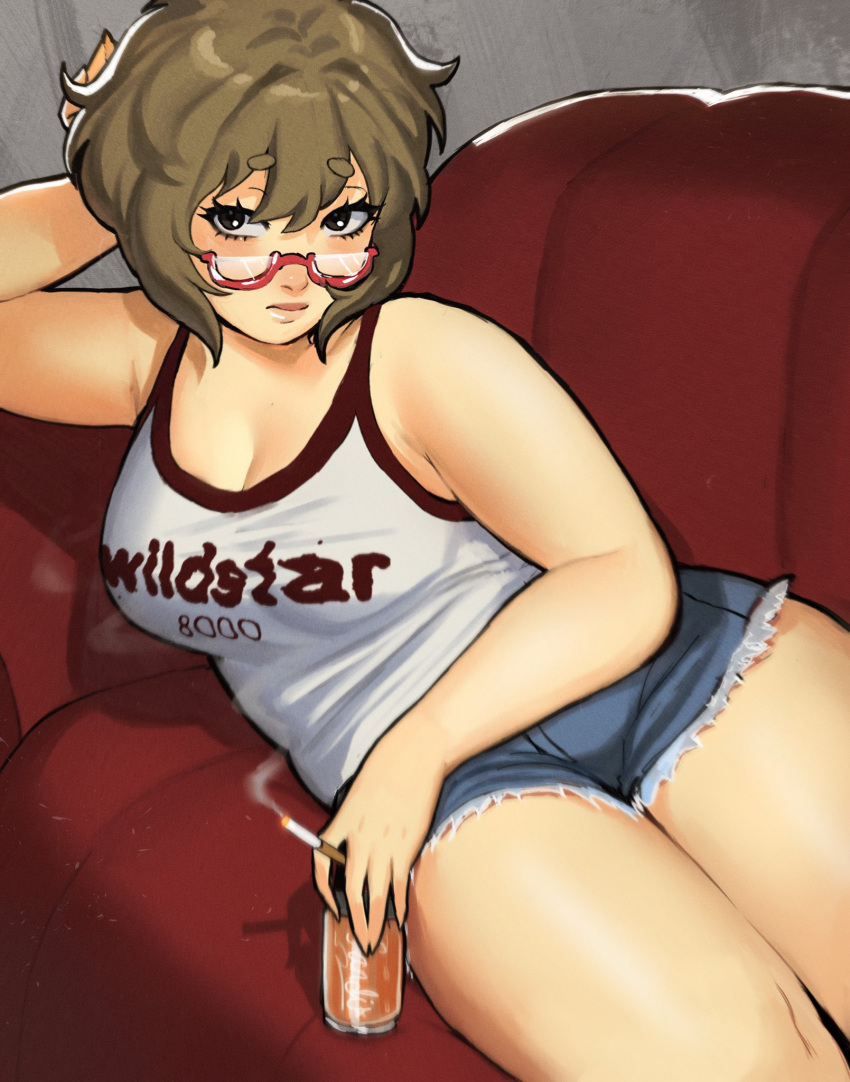 1girl blush brown_eyes brown_hair can cigarette commentary couch denim denim_shorts english_commentary glasses hand_on_own_head highres holding holding_can holding_cigarette lying on_side original plump red-framed_eyewear sauvievie0 short_hair short_shorts shorts smoke solo tank_top thick_eyebrows thick_thighs thighs