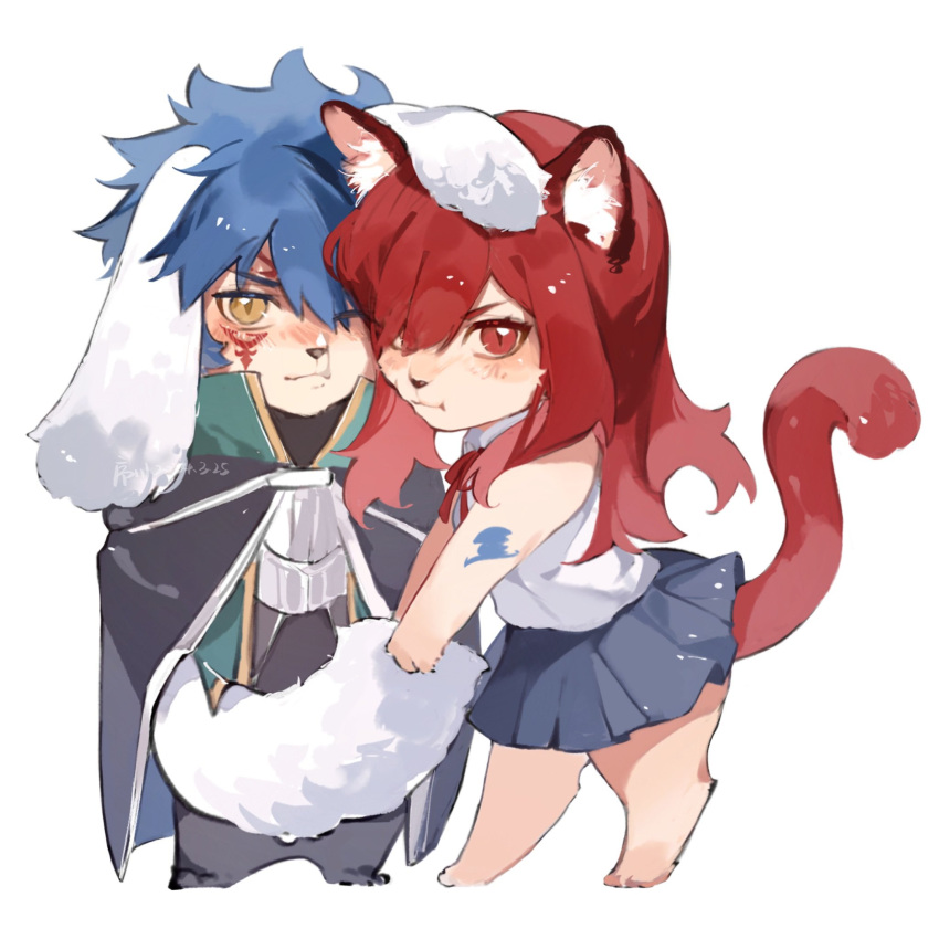 1boy 1girl animal_ears arm_tattoo barefoot black_cloak blue_hair blue_skirt brown_eyes cat_ears cat_girl cat_tail chibi chibi_only cloak dog_boy dog_ears dog_tail erza_scarlet facial_tattoo fairy_tail floppy_ears full_body grabbing_another's_tail highres jellal_fernandes jyukawa looking_at_viewer pleated_skirt red_eyes red_hair red_tail shirt simple_background skirt sleeveless sleeveless_shirt standing tail tattoo white_background white_shirt white_tail