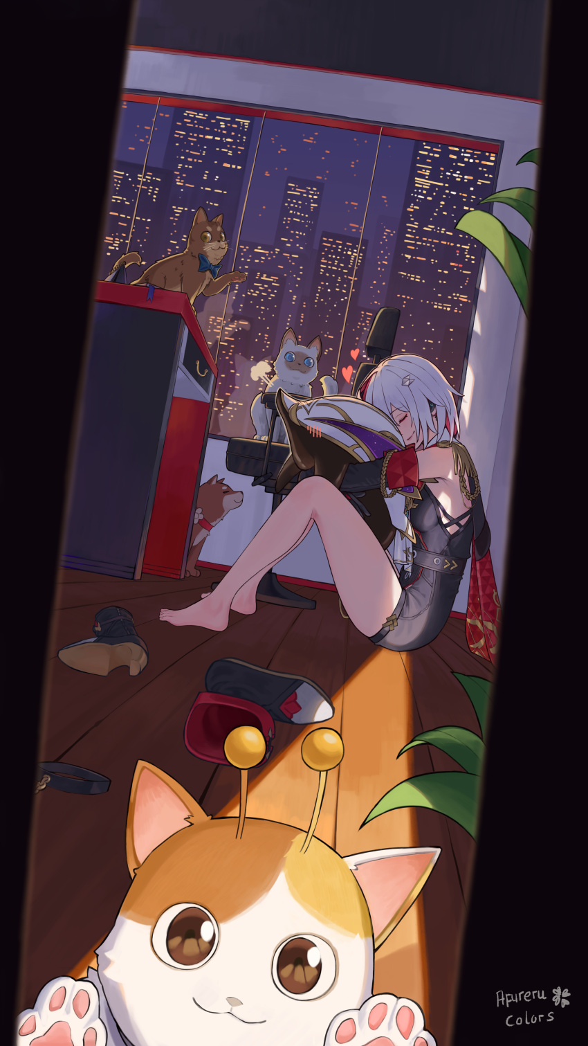 1girl absurdres afureru_colors animal_hug armpit_crease artist_name bare_legs black_unitard breasts cat chair city closed_eyes closed_mouth colored_inner_hair dog doorway dutch_angle from_side highres honkai:_star_rail honkai_(series) knee_up medium_breasts medium_hair multicolored_hair night numby_(honkai:_star_rail) on_floor pov_doorway shoes side_cape solo table topaz_(honkai:_star_rail) trotter_(honkai:_star_rail) unworn_shoes white_hair