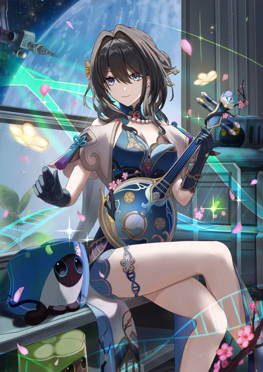 1girl 3others absurdres aqua_collar aqua_dress aqua_gloves aqua_shorts bare_legs bare_shoulders bead_necklace beads black_hair blue_eyes breasts cherry_blossoms cleavage clothing_cutout commentary_request critter_pick_(honkai:_star_rail) crossed_legs dna dress earrings feet_out_of_frame flower gloves hair_bun hair_flower hair_ornament highres holding holding_instrument honkai:_star_rail honkai_(series) indoors instrument isome jewelry layered_dress long_hair looking_to_the_side medium_breasts multicolored_hair multiple_others necklace pink_petals planet ruan ruan_mei_(honkai:_star_rail) shorts shoulder_cutout single_hair_bun sitting smile space_station streaked_hair thigh_strap