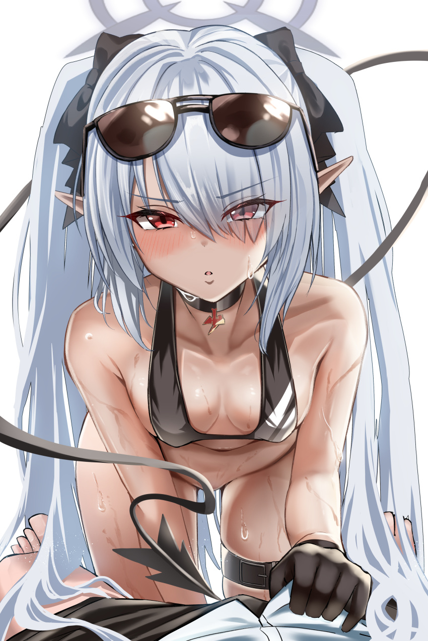 1boy 1girl absurdres bare_arms bare_legs bare_shoulders bikini black_bikini black_gloves black_tail blue_archive blush bottomless breasts dark-skinned_female dark_skin demon_tail eyes_visible_through_hair eyewear_on_head gloves grey_hair grey_halo hair_over_one_eye halo highres iori_(blue_archive) iori_(swimsuit)_(blue_archive) kuromiz long_hair medium_breasts official_alternate_costume parted_lips pointy_ears red_eyes simple_background sunglasses swimsuit tail twintails white_background