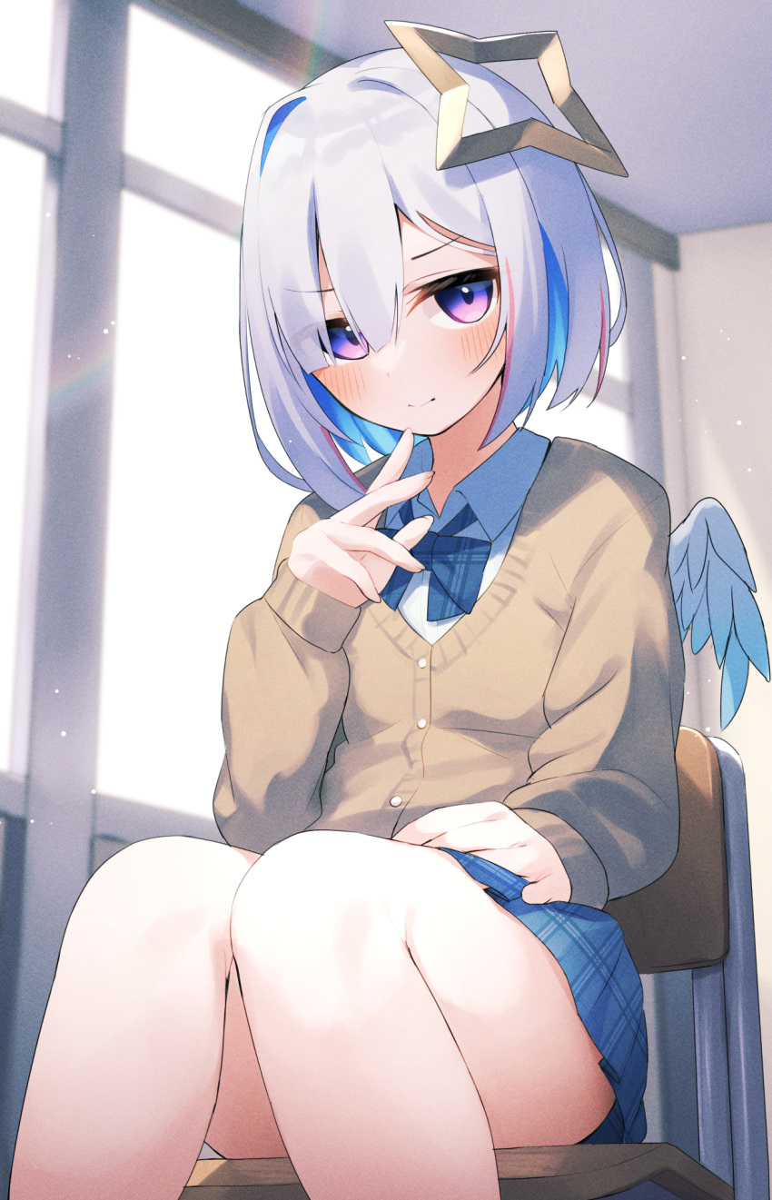 1girl alternate_costume amane_kanata angel_wings asymmetrical_bangs asymmetrical_hair blue_hair blue_skirt blue_wings blush bob_cut brown_cardigan cardigan chair closed_mouth collar colored_inner_hair commentary cowboy_shot day feathered_wings fragir gradient_wings grey_hair hair_over_one_eye halo hand_up highres hololive indoors lens_flare light_particles long_sleeves looking_at_viewer mini_wings miniskirt multicolored_hair multicolored_wings pink_hair plaid plaid_skirt purple_eyes school_chair school_uniform shirt short_hair single_hair_intake sitting skirt solo star_halo streaked_hair sunlight virtual_youtuber white_shirt white_wings window wings yellow_halo