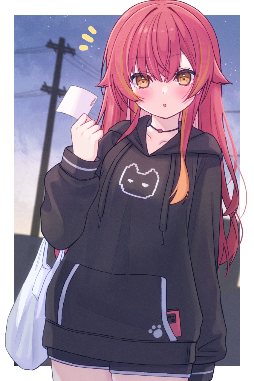 1girl animal_print anku bag black_hoodie blush cat_print cellphone highres holding holding_paper hood hoodie jewelry long_hair long_sleeves looking_at_viewer multicolored_hair necklace nekota_tsuna night night_sky object_in_pocket orange_eyes orange_hair outdoors paper paw_print phone power_lines red_hair shopping_bag sky smartphone solo thighs upper_body utility_pole virtual_youtuber vspo!