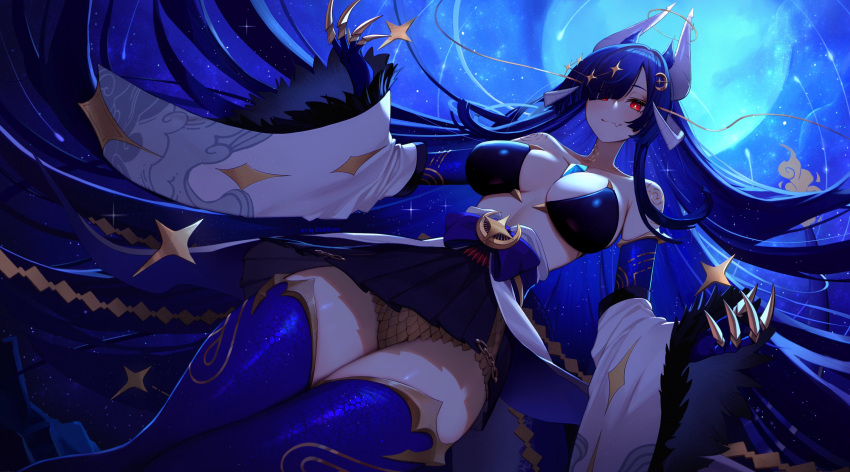 1girl absurdres artist_name blue_hair breasts clickdraws detached_sleeves dragon_girl dragon_horns dragon_tail elbow_gloves english_commentary fang gloves halo highres horns indie_virtual_youtuber large_breasts long_hair looking_at_viewer miniskirt moon multiple_horns red_eyes skin_fang skirt solo tail thighhighs very_long_hair vienna_(vtuber) virtual_youtuber watermark