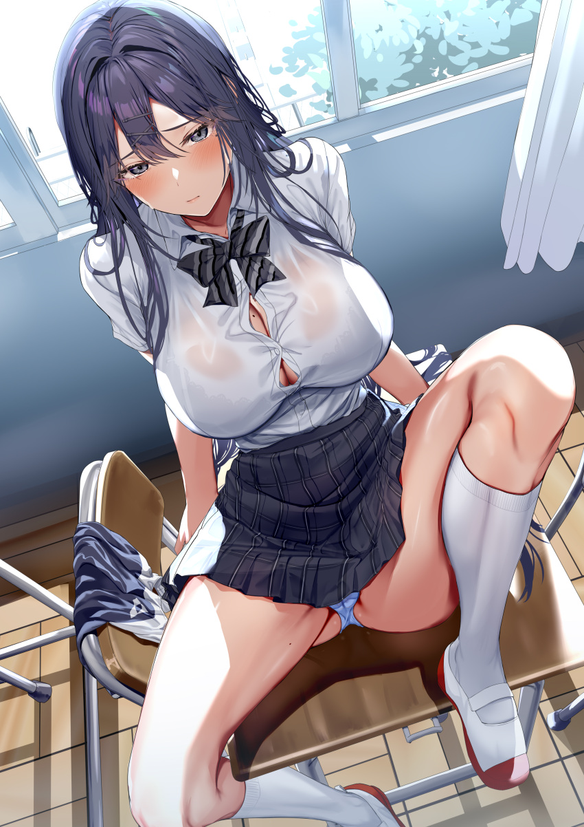1girl absurdres arm_support black_hair black_skirt blush breasts bursting_breasts chair classroom cleavage closed_mouth collared_shirt curtains desk grey_eyes hair_between_eyes highres large_breasts looking_at_viewer mole mole_on_breast neropaso original panties pleated_skirt school_chair school_desk school_uniform shirt short_sleeves sitting skirt socks solo spread_legs underwear white_panties white_shirt white_socks window wooden_floor