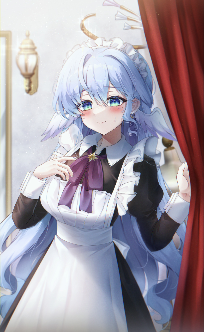 1girl absurdres alternate_costume apron black_dress blue_eyes blue_hair blush breasts closed_mouth collared_dress dress dressing_room earrings enmaided frilled_apron frills hair_between_eyes halo hands_up head_wings highres holding_curtain honkai:_star_rail honkai_(series) jewel_under_eye jewelry juliet_sleeves light_particles long_sleeves looking_at_viewer maid maid_apron maid_headdress medium_breasts necktie puffy_sleeves purple_necktie robin_(honkai:_star_rail) ryunbi sidelocks sleeve_cuffs sweatdrop upper_body white_apron wings