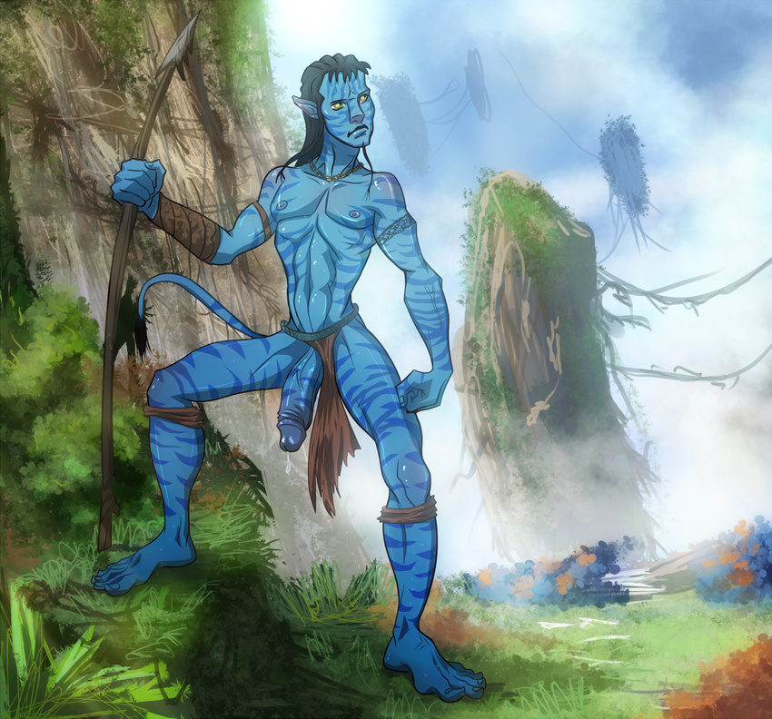 anma avatar blue_penis blue_skin cum cum_drip dripping erection garter grass humanoid_penis jake_sully james_cameron's_avatar james_cameron's_avatar landscape loincloth loincloth_aside male na'vi na'vi nature not_furry nude penis polearm pose precum solo spear spread_legs spreading standing
