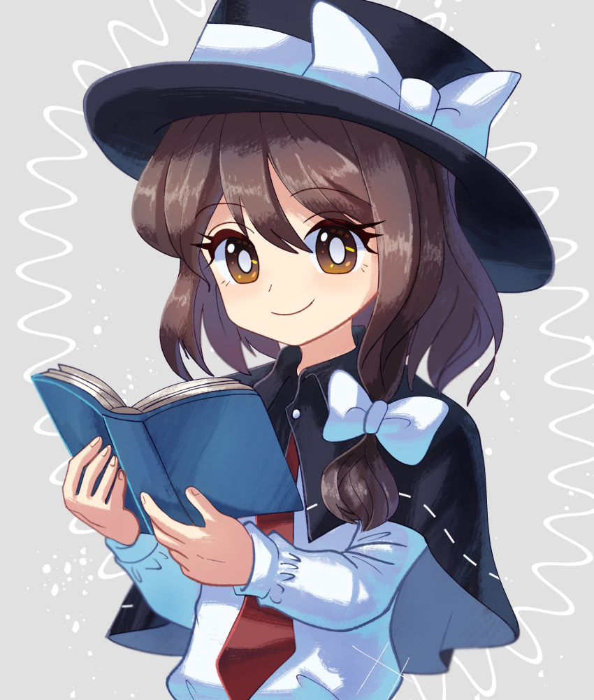 1girl black_capelet black_hat book bow brown_eyes brown_hair capelet closed_mouth commentary_request fedora hair_bow happy hat hat_bow highres holding holding_book long_sleeves necktie plus2sf red_necktie shirt smile solo touhou upper_body usami_renko white_bow white_footwear white_shirt