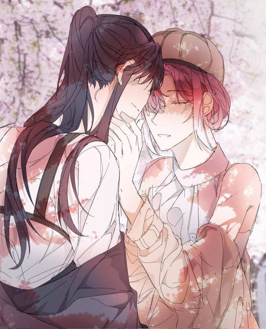 2girls black_hair blush brown_hat cherry_blossoms closed_mouth dappled_sunlight day forehead-to-forehead gradient_hair hand_on_another's_face hat heads_together highres illusion_moon long_hair long_sleeves multicolored_hair multiple_girls off_shoulder outdoors parted_lips path_to_nowhere ponytail purple_hair rahu_(path_to_nowhere) shalom_(path_to_nowhere) shirt sleeveless sleeveless_shirt smile sunlight upper_body white_hair white_shirt yuri
