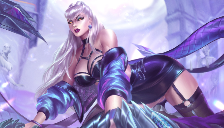 1girl black_skirt black_thighhighs breasts claw_(weapon) club218147231 cropped_jacket demon_girl evelynn_(league_of_legends) garter_straps highres jacket k/da_(league_of_legends) k/da_all_out_evelynn large_breasts league_of_legends looking_at_viewer open_clothes open_jacket revealing_clothes skirt solo thighhighs weapon yellow_eyes